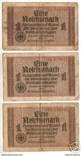 3 Banknoten 1 Reichsmark Reichskreditkassen um 1940