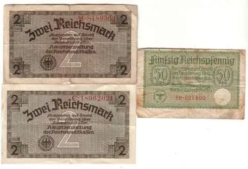 3 Banknoten 2 x 2 Mark und 50 Pfennig Reichskreditkassen (105606)