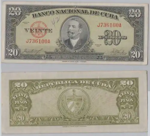 20 Pesos Banknote Cuba Kuba 1958 Antonio Maceo Pick 80 (145108)