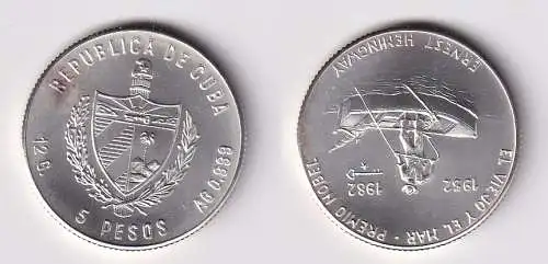 5 Pesos Silber Münze Kuba Cuba 1982 Ernest Hemmingway "Der alte Mann ..." Stgl. (20/1/162060)