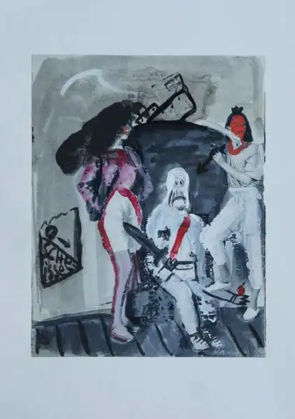 bermalung eines in einem Fauteuil sitzenden mnnliches Gespenstes mit zwei Damen links und rechts in den Farben rot, wei, schwarz und grau. 0