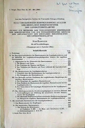 Hasenfuss, Ivar: Eine vergleichend-morphologische Analyse der regulären Borstenmuster der Lepidopterenlarven. Studien zur Methodik der vergleichenden Morphologie der Borstenmuster und zur phylogenetischen Deutung der Abwandlungen der regulären...