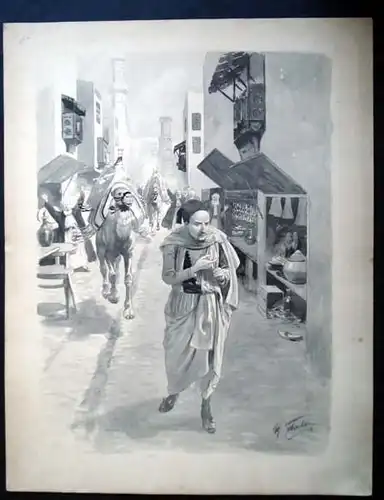 Flashar, Bruno Max: Original Tuschzeichnung. Motiv: Ein orientalisch gekleiderter jüngerer Mann schreitet durch eine belebte arabische Ladenstrasse. Im Hintergrund folgen ihm zwei führerlose Lastenkamele im grösserem Tempo. Einige Ladeninhaber...