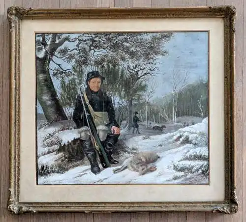 Winterliche Jagdszene - Kleines altmeisterliches Aquarell