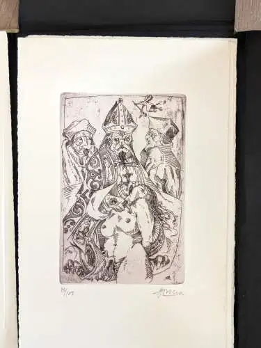 Original Ledermappe mit 13 signierten Radierungen von Arwed D. Gorella zu Band 2 der Ausgewählten Werke des Marquis de Sade.