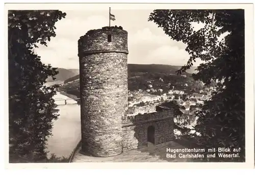 AK Hugenottenturm mit Blick auf Bad Carlshafen und Wesertal, gel. 1930