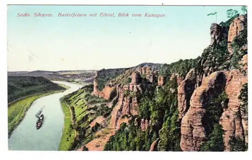 AK Sächs. Schweiz, Basteifelsen mit Elbtal, Blick vom Kanapee, Bahnpost, gel. 1917