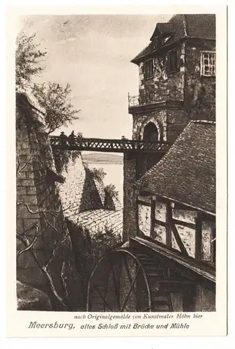 AK Meersburg, vieux château avec pont et moulin, peu.