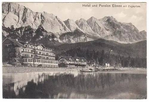 AK Hotel und Pension Eibsee mit Zugspitze, Feldpost, gel.1916