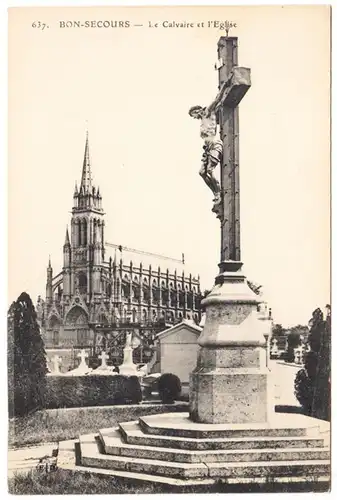 CPA Bon-Secours, Le Calvaire et l'Eglise, ungel.