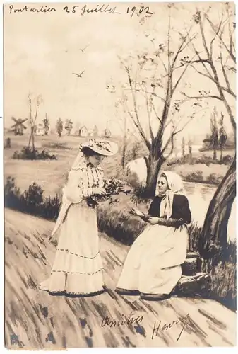 CPA Jeune femme en robe avec chapeau et Strauss, vieille femme mendifiante, gel. 1902