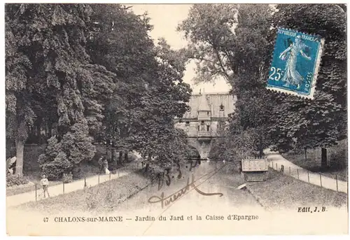 CPA Châlons-sur-Marne, Jardin du Jard et la Caisse d'Epargne, gel.