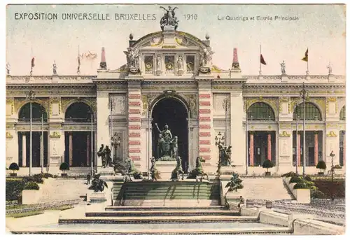 CPA Bruxelles, EXPOSITION UNIVERSELLE BRUXELLES 1910 - Le Quadrige et Entrée principale, gel.