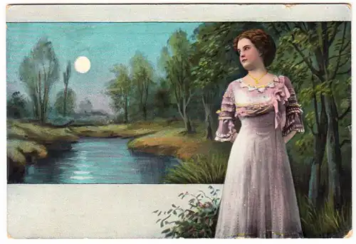 CPA Jeune femme en robe sur la rive au clair de lune, gel.