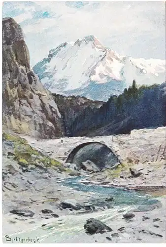 AK Montagnes, rivière, pont en pierre, artiste Ak, Splitgerber.jr., unmil.