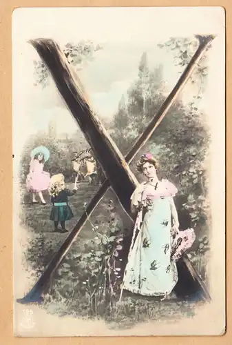 CPA Alphabet Carte, Femme et enfants lettre " X ", ungel.