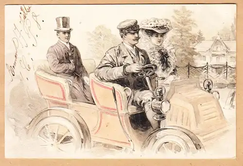 CPA Automobile, Couple avec Chauffeur, Gaufrage voir la Carte, ungel.