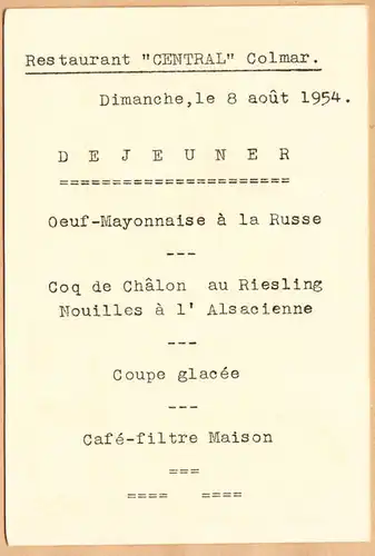 CPA Colmar, Restaurant "Central" Dimanche. le 8 aout 1954, Dejeuner, unl.