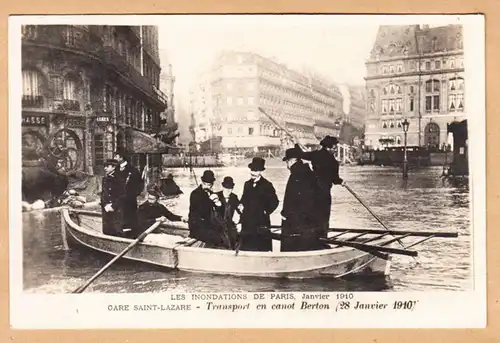 CPA Paris, Inondations, Gare Saint-Lazare, Transport en cannot Berton, ungel.
