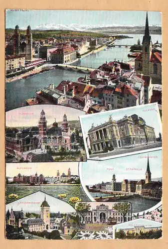 CPA Zürich, Mehrbild, Tonhalle, Theater, Alpenquai, Post, Museum, gel. 1907