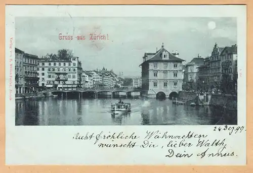 CPA Gruss aus Zürich, Mondschein, Fröhliche Weihnachten, gel. 1897