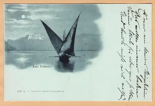 CPA Lac Leman, carte de la lune, voilier, engl. 1899