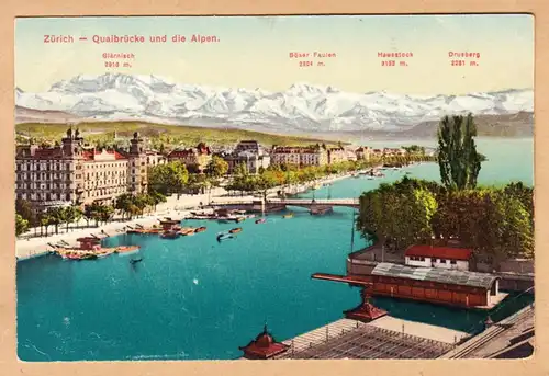 CPA Zürich, Quaibrücke und die Alpen, gel.