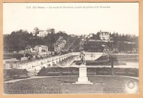 CPA Tours, La Statue de Descartes, le pont de pierre et la Tranchee, gel. 1905