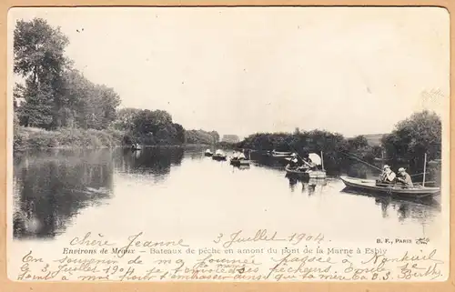 CPA Meaux, Bateaux de peche en amont du pont de la Marne a Esbly, gel.