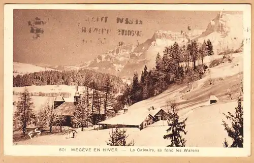 CPA Megève en Hiver, Le Calvaire, au fond les Warens, gel. 1937