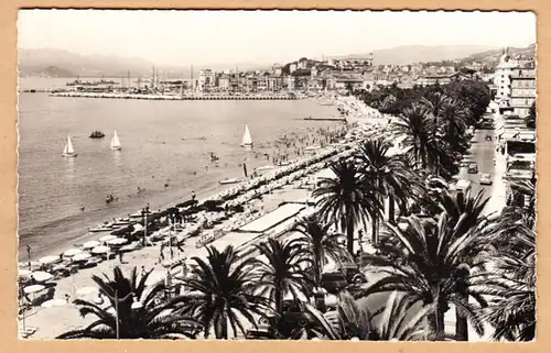 CPA Cannes, La Plage, la Promenade de la Croisette et le Suquet, gel. 1960