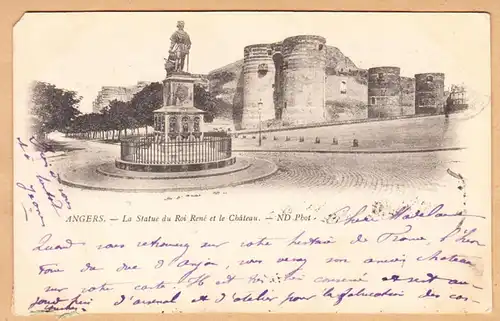 CPA Angers, La statue du Roi Rene et le Chateau, gel. 1900