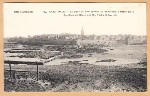 CPA Saint-Malo, La plage de Bon-Secours et les rochers, gel.