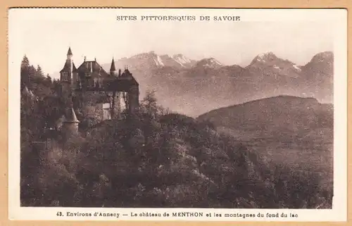 CPA Menthon, Le chateau de Menthon et les montagnes du fond du lac, gel. 1933