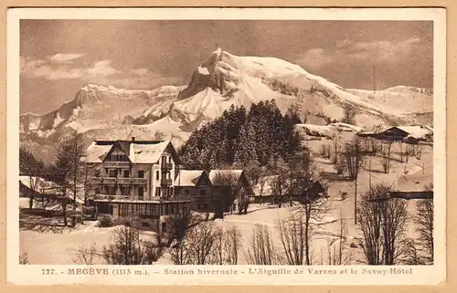 CPA Megève, Station hivernale, L'Aiguelle de Varens et le Savoy-Hotel, gel. 1947