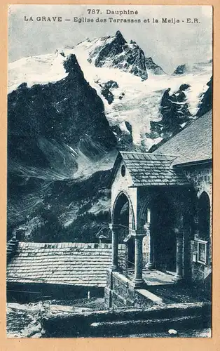 CPA Dauphine, La Grave, Eglise des Terrasses et le Meije, en 1928