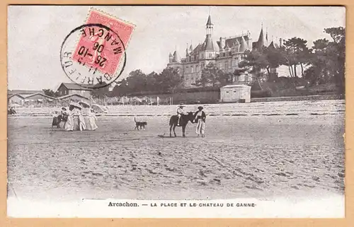 CPA Arcachon, La Plage et le Chateau de ganne, gel. 1906