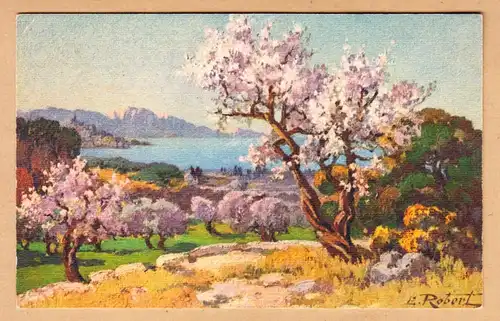 CPA Amandiers en fleurs aux environs de Marseille, Artist E.Robert.ungel.