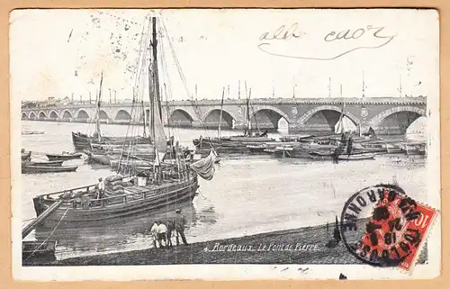 CPA Bordeaux, Le Pont de Pierre, gel. 1909