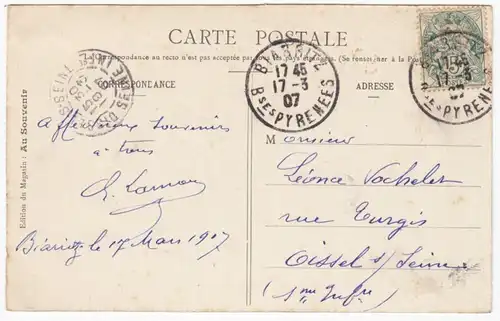 CPA Biarritz, Le Rocher ou se brisa, gel. 1907