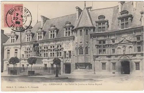 CPA Grenoble Le Palais de Justice et la Statue de Bayard, gel. 1906