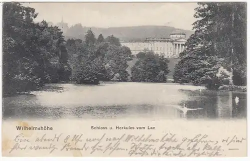 AK Kassel, Wilhelmshöhe, Schloss und Herkules vom Lac, gel. 1907