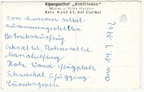 AK Gasthof Almfrieden, Hohe Wand, ungel. datiert 1962