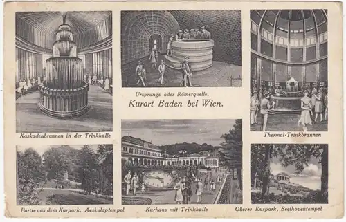 AK Kurort Baden bei Wien, Mehrbild, Brunnen, Quelle, Trinkhalle, Kurpark, Tempel, gel. 1933