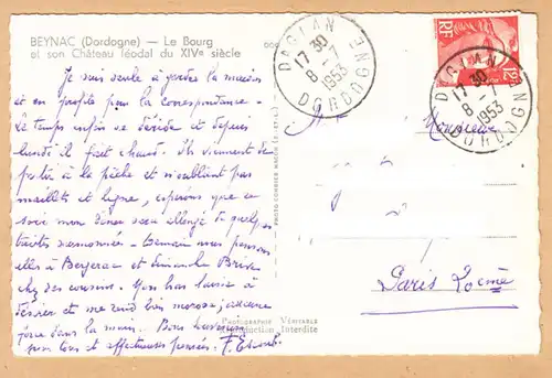 CPA Beynac, Le Bourg et son Château féodal du XIV° siècle, gel. 1953