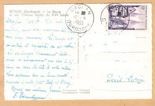 CPA Beynac, Le Bourg et son Château féodal du XIV° siècle, gel. 1955