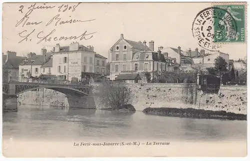 CPA La Ferté sous Jouarre, La Terrasse, Tabac, Cafe, gel. 1908