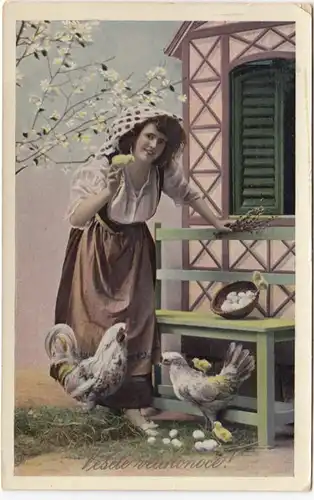 AK Vesele Velikonoce, Pâques, paysanne avec coq et poulet, peu.