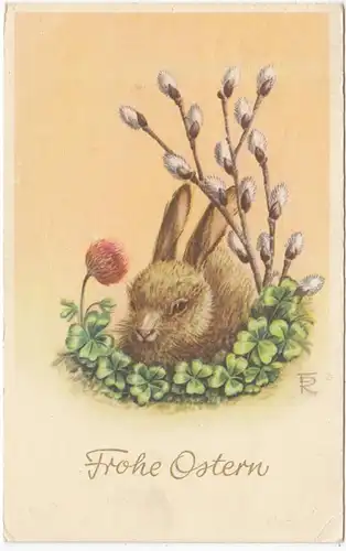 AK Frohe Ostern, Hase mit Kätzchenstrauß, gel.