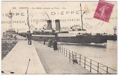 AK Dieppe, La Malle entrant au Port, gel. 1932